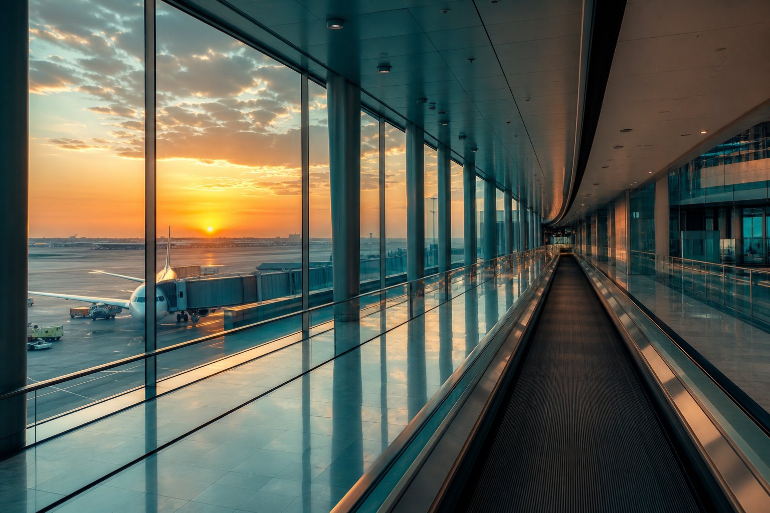 Modern airport terminal glass concourse with runway view at golden dusk