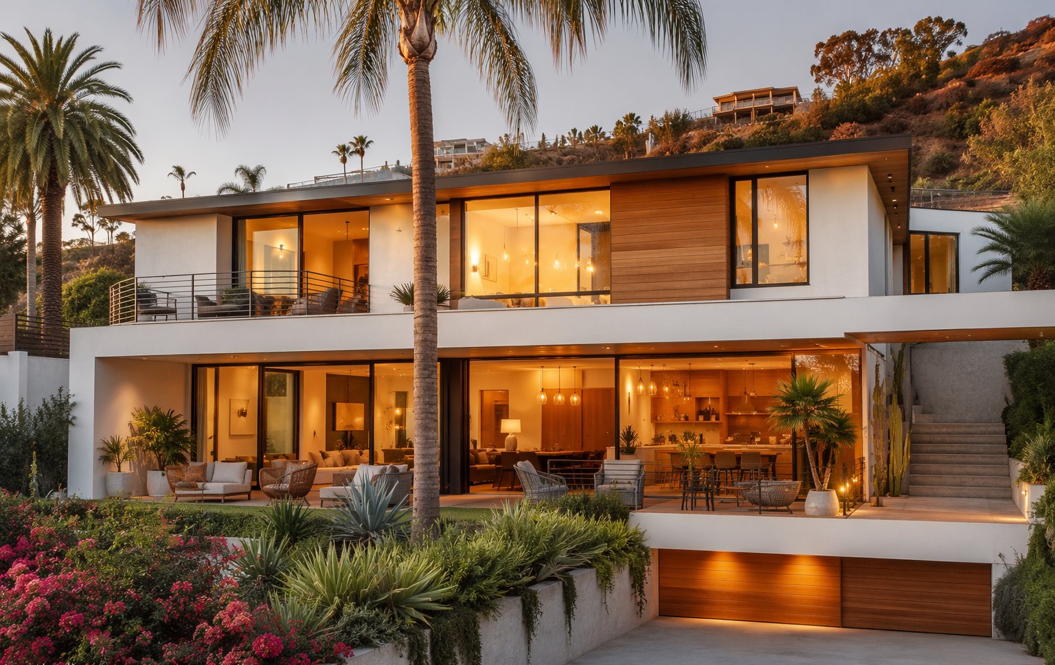 Modern coliving house exterior in the Hollywood Hills at golden hour, Los Angeles