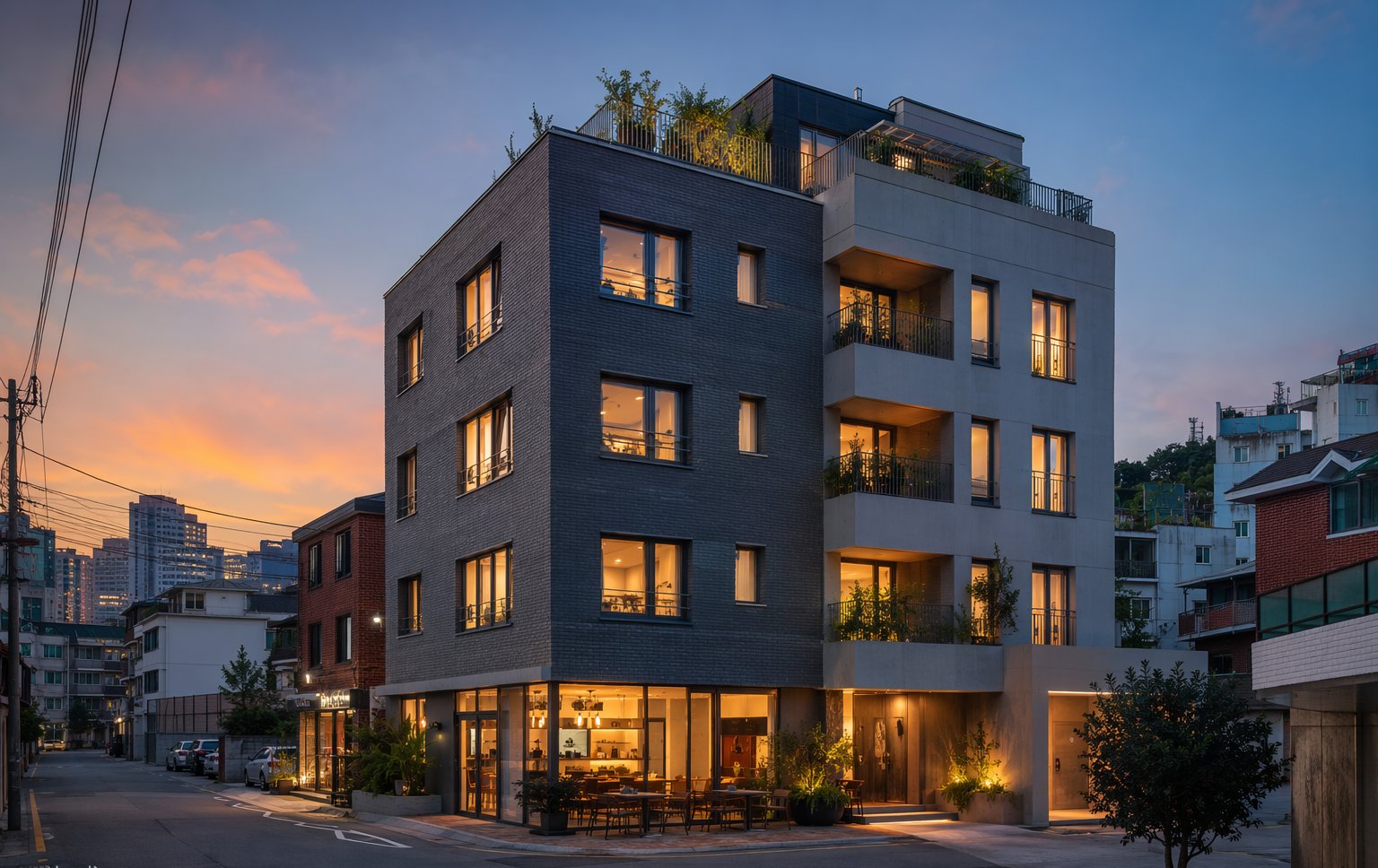 Modern Seoul residence building at dusk with warm windows in Mapo-gu