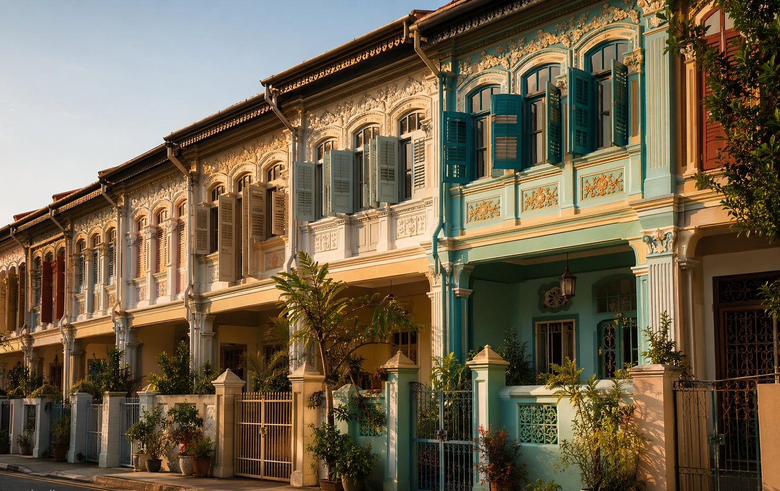 Restored Peranakan shophouse skyline in Singapore at warm golden hour
