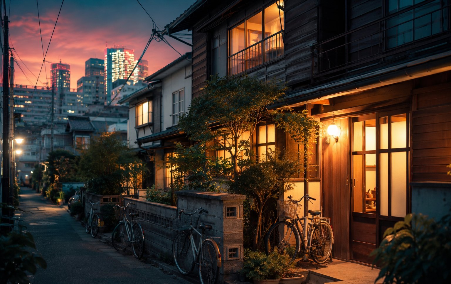 Tokyo sharehouse exterior on a narrow neon-lit lane at dusk