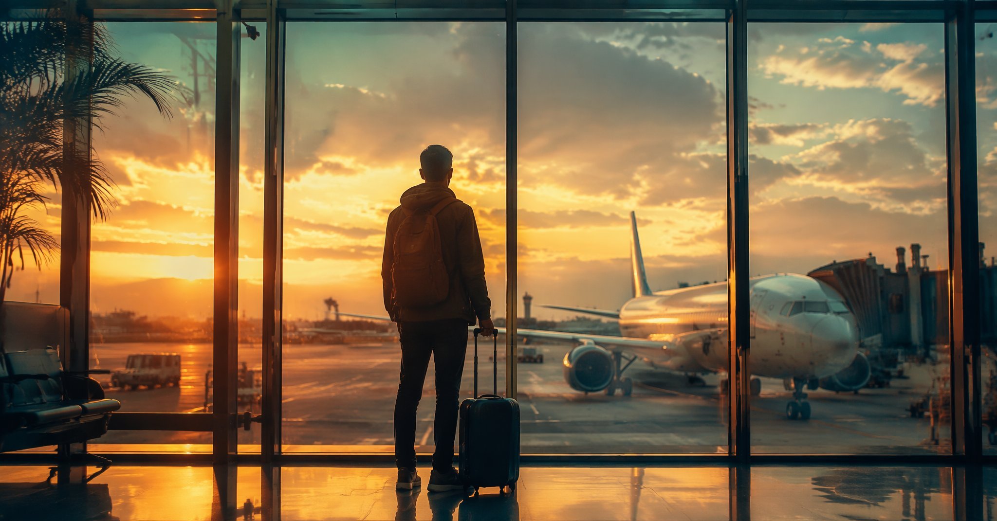 A traveler with a carry-on suitcase at a panoramic airport window watching a plane at golden hour