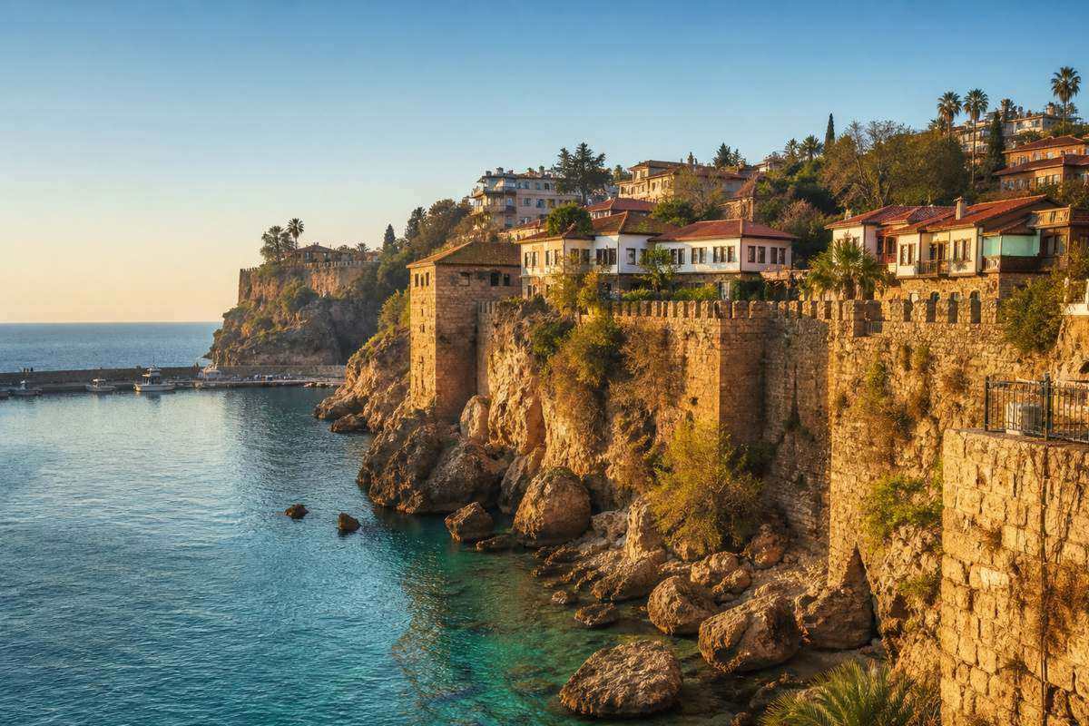 Grilled Mediterranean sea bass with meze platters on an Antalya harbour terrace