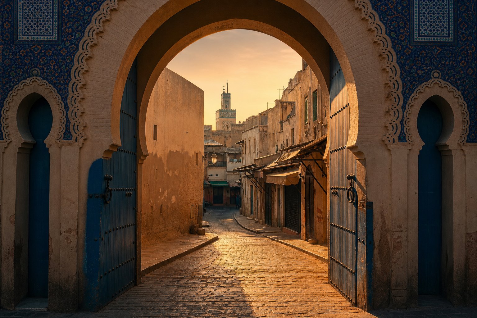 Fez, Morocco — Medina lanes, tanneries and madrasa tilework
