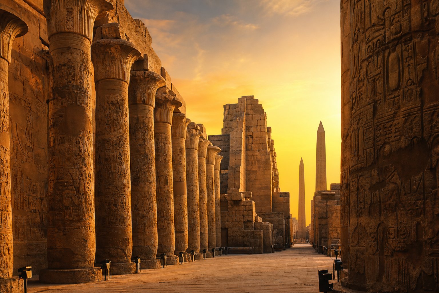 Luxor, Egypt — Pharaoh tombs, Nile feluccas and temple columns at dawn