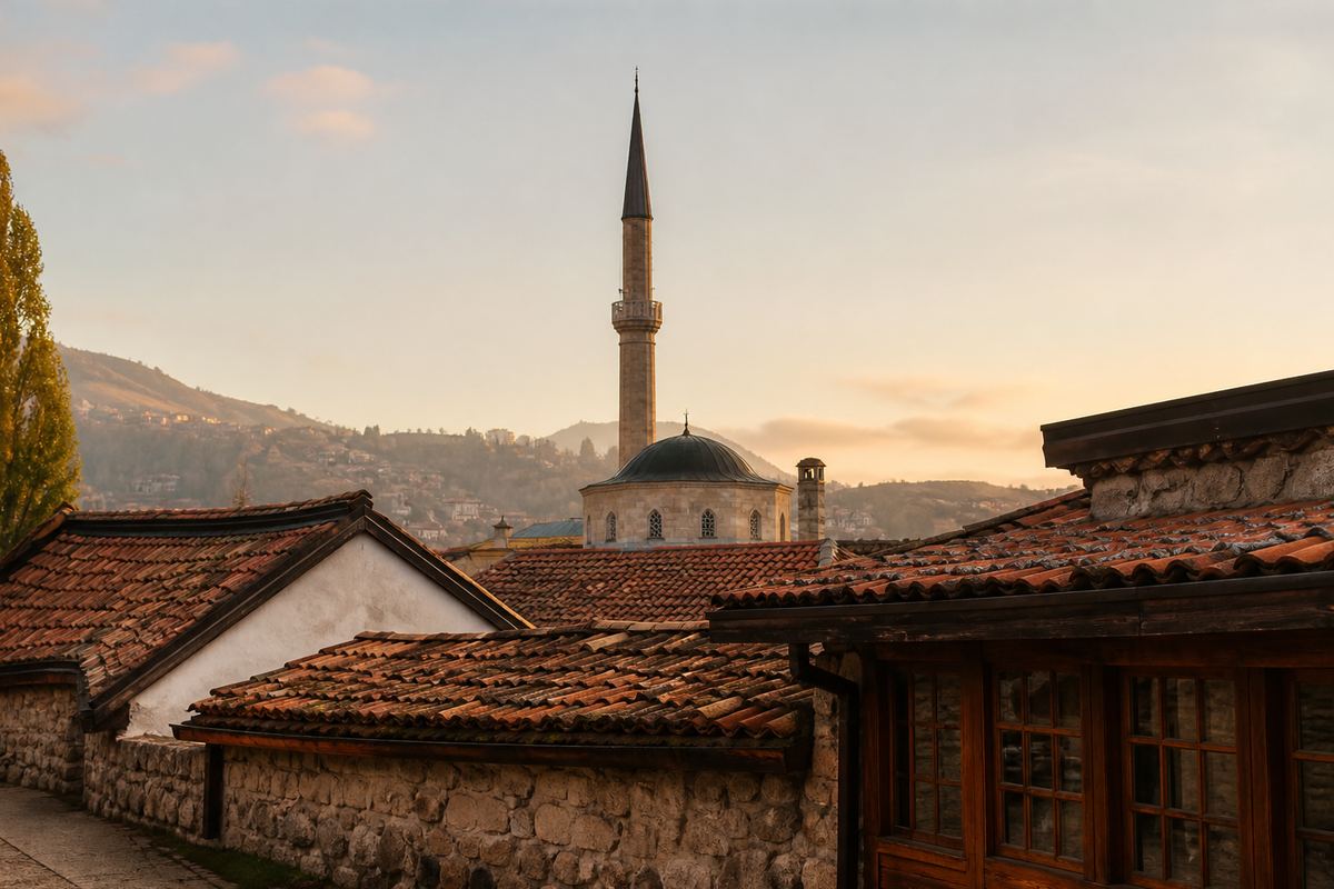 Plate of grilled ćevapi in somun flatbread with onions and kajmak on a Baščaršija table in Sarajevo