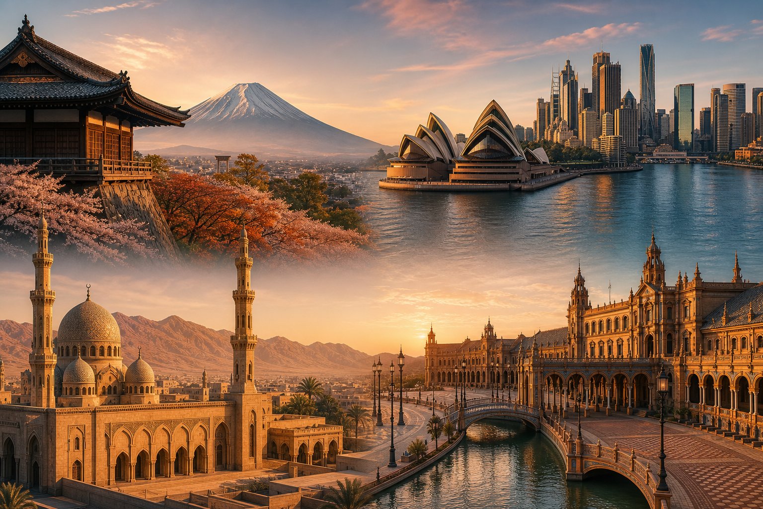 Golden-hour travel panorama of harbour skylines, temple roofs and historic plazas