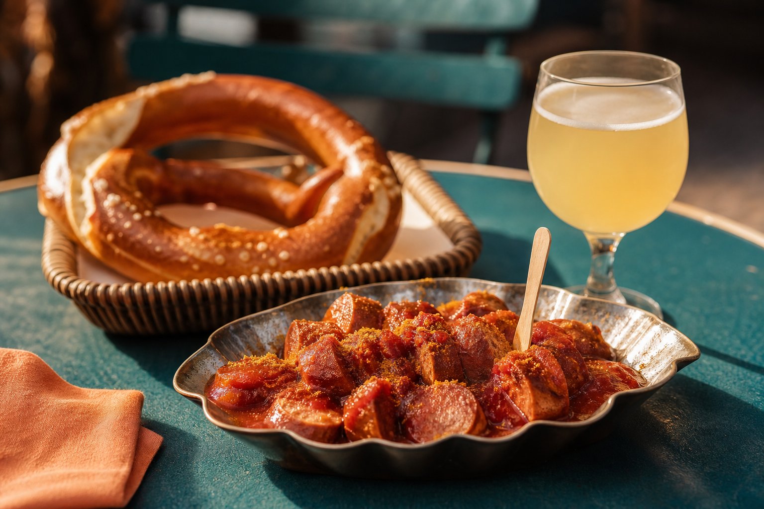 Currywurst, pretzel and Berliner Weisse on a Kreuzberg cafe table in warm afternoon light