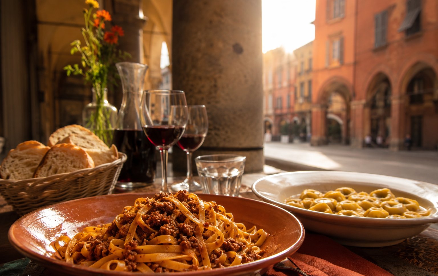 Fresh tagliatelle al ragù and mortadella on a wooden board in a Bologna trattoria with terracotta arches