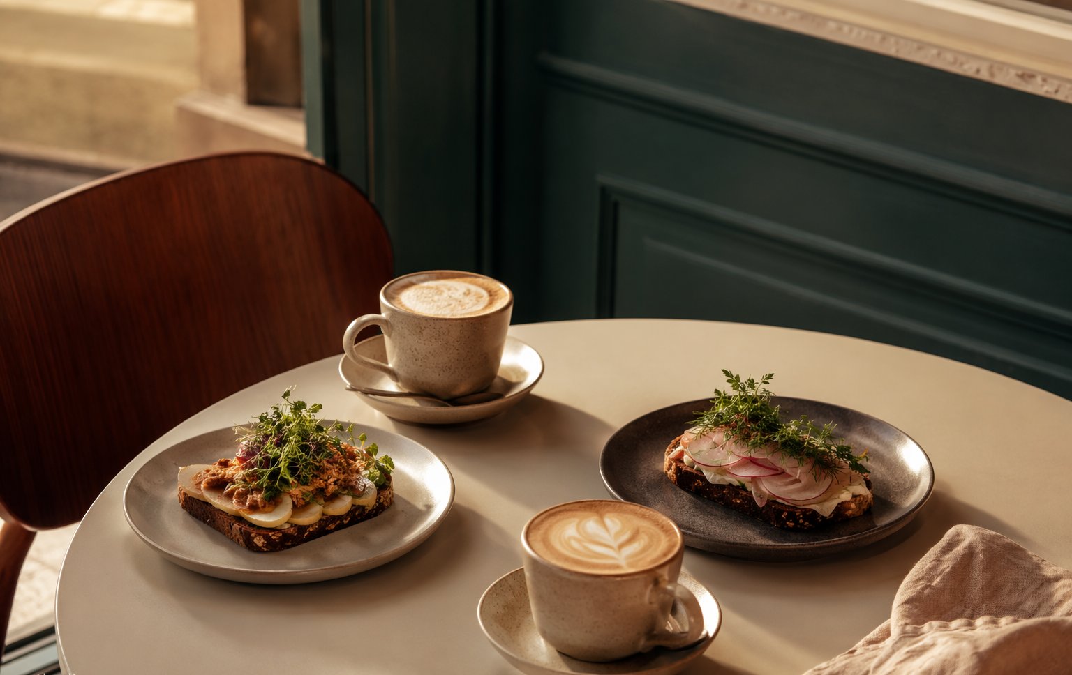 Open-faced smørrebrød with herring and dill on rye beside a Copenhagen harbour canal