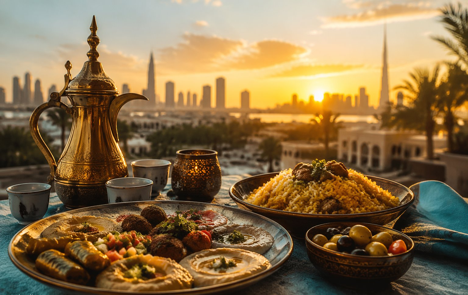 Gold-lit Dubai Marina skyline behind shared mezze plates and Arabic coffee on a rooftop terrace