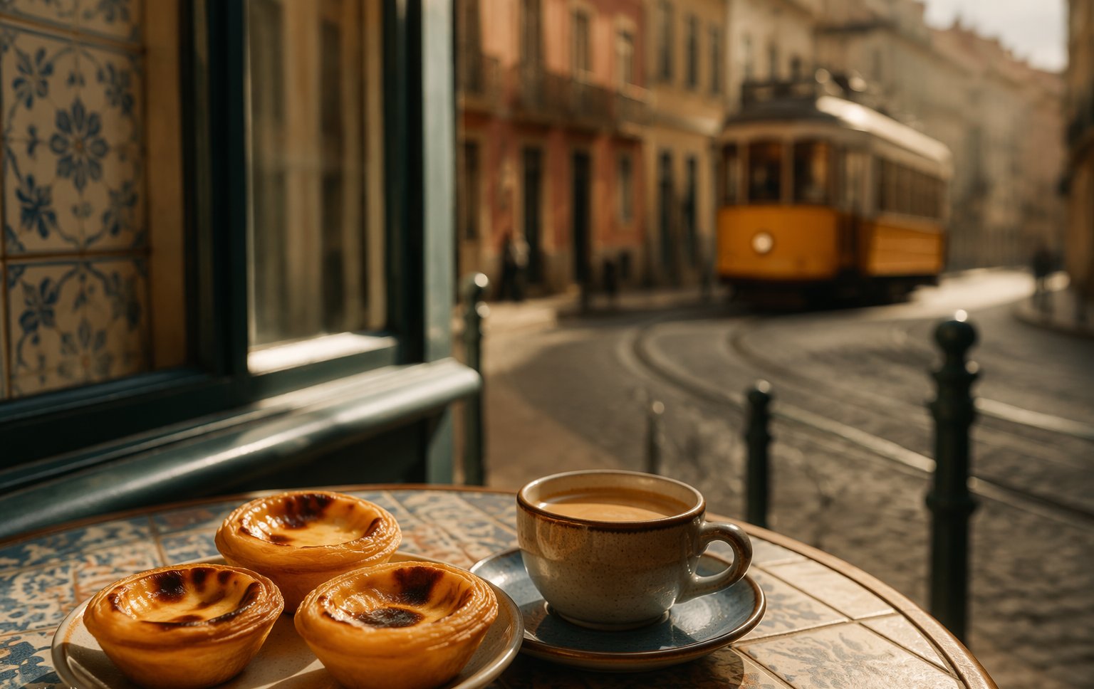 Warm pastéis de nata dusted with cinnamon beside a Lisbon miradouro overlooking tiled rooftops and the Tagus