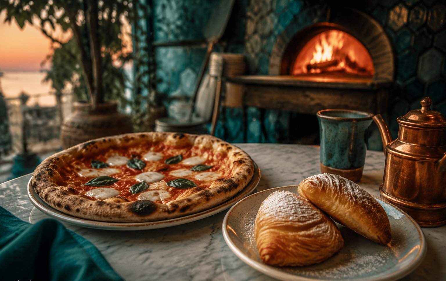 A blistered Neapolitan margherita pizza with fresh basil against the Bay of Naples and Vesuvius in soft morning light