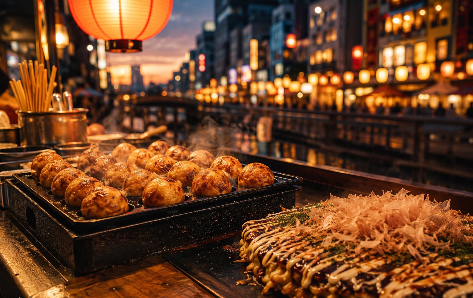 Okonomiyaki sizzling on a teppan with bonito flakes dancing under Dotonbori neon