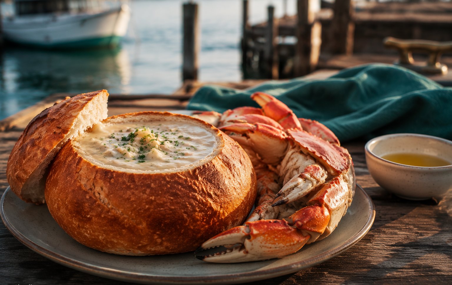 Dungeness crab and sourdough bread on a Fisherman's Wharf wooden table in San Francisco fog light