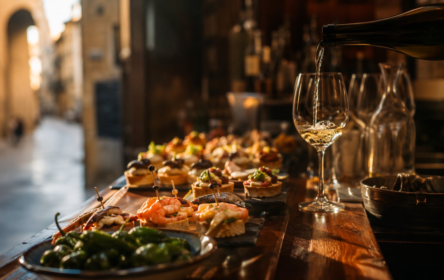 Colourful pintxos lined up on a marble bar counter in San Sebastián's Parte Vieja, with txakoli glasses and Basque coast light