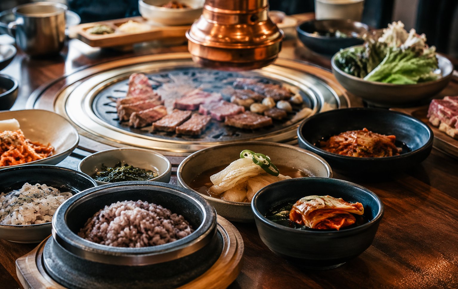Sizzling Korean barbecue with banchan side dishes on a stainless counter in a Seoul alley