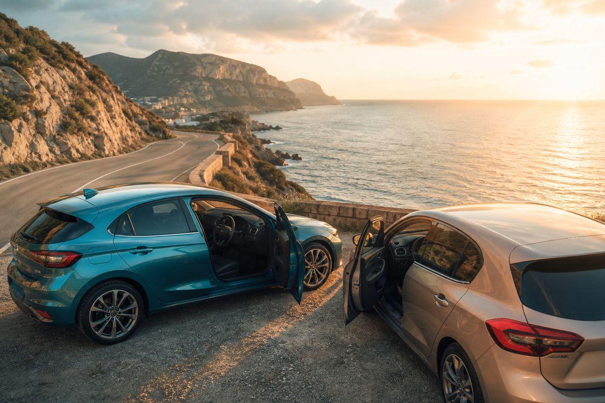 European coastal road with a compact hire car ahead, suggesting gearbox choice for the drive