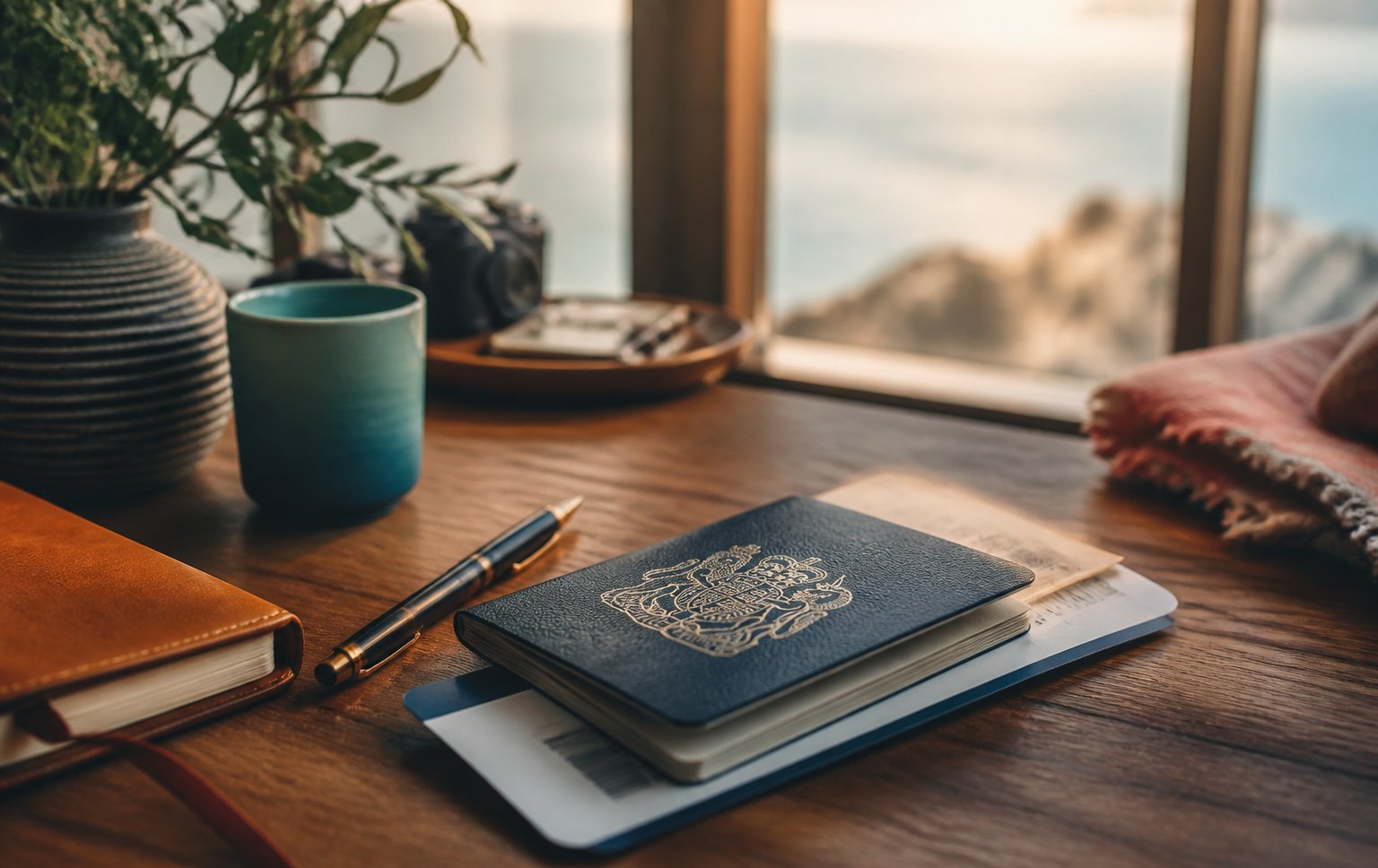 Passport and boarding pass on a teak desk with notebook and pen in golden-hour light — UK Avios planning start