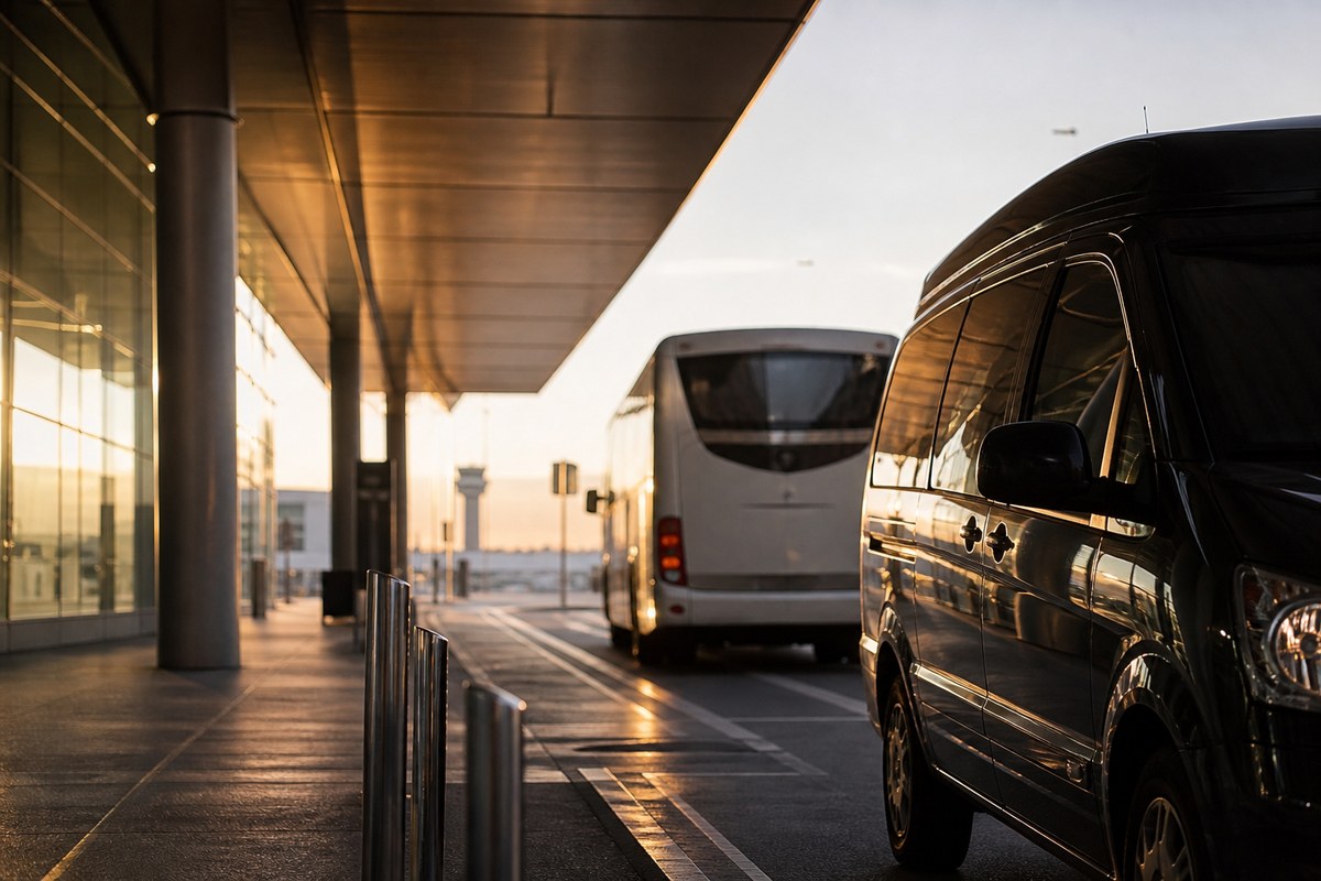 Barcelona airport Aerobus and rail links beside a prebooked transfer car waiting curbside