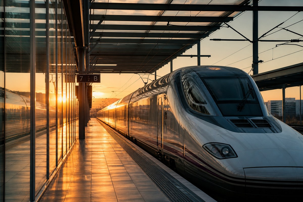 AVE high-speed train at Barcelona Sants station contrasted with a flight departure board