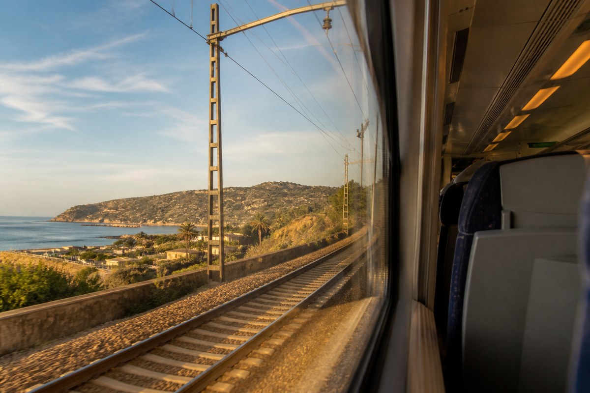 Montserrat ridge and a regional train platform, suggesting Barcelona day-trip choices by rail or tour