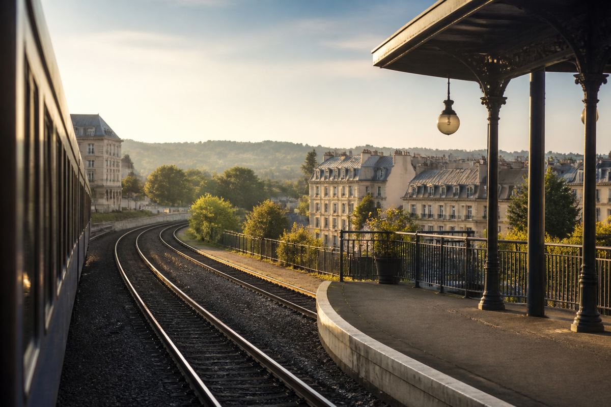 Palace gardens and a regional train platform near Paris, suggesting day-trip choices from the capital