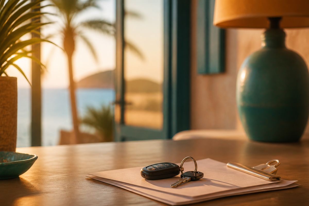 Car keys and hire paperwork on a rental desk at golden hour, suggesting excess and deposit decisions