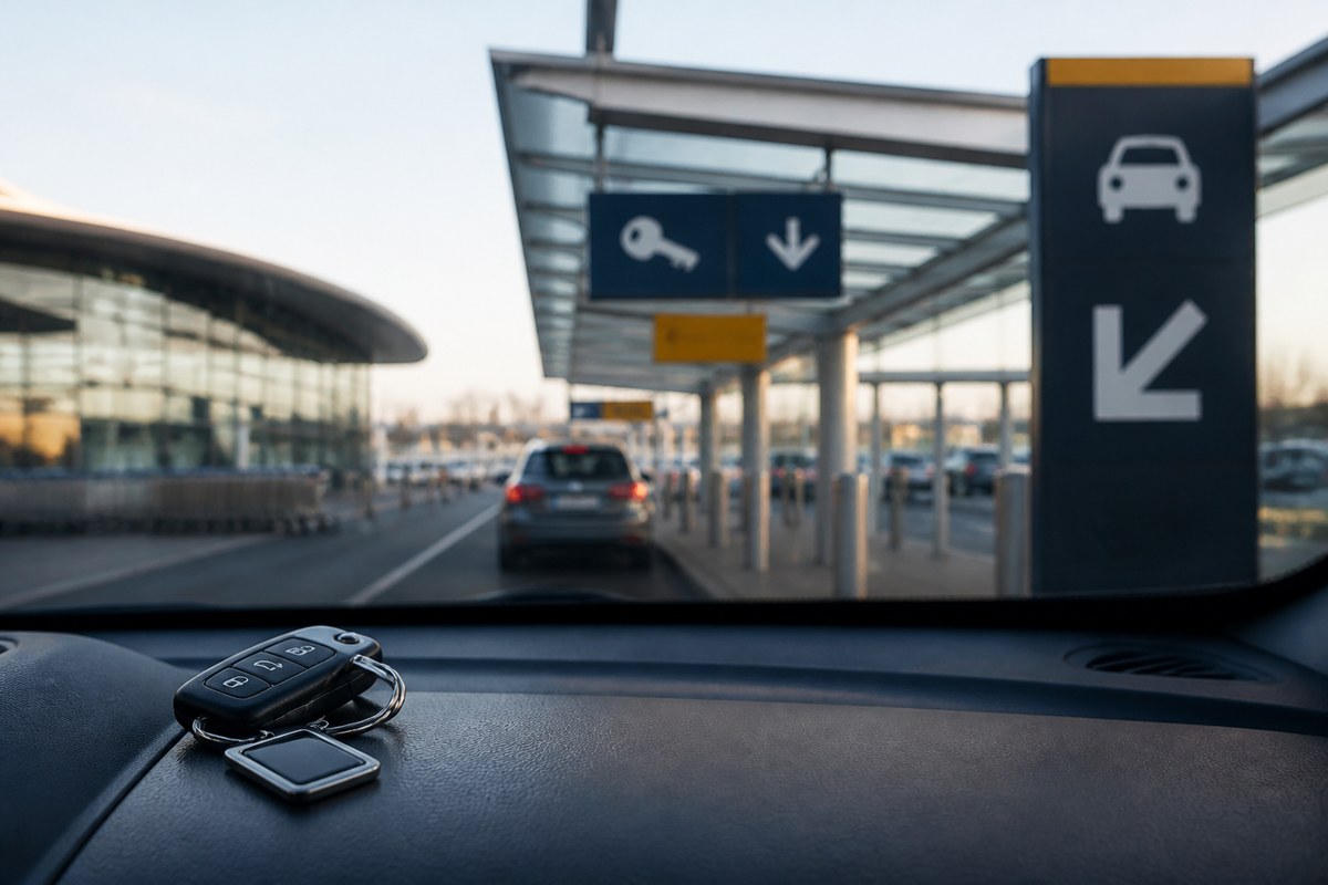 Map pins at two different European cities connected by a road line, suggesting one-way car hire fee planning