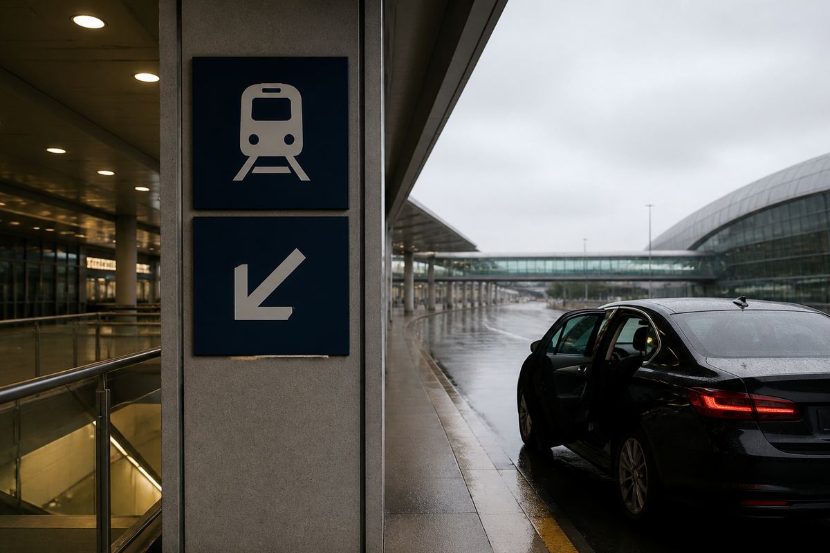 Charles de Gaulle airport rail signs beside a waiting transfer car, suggesting train versus private ride choices