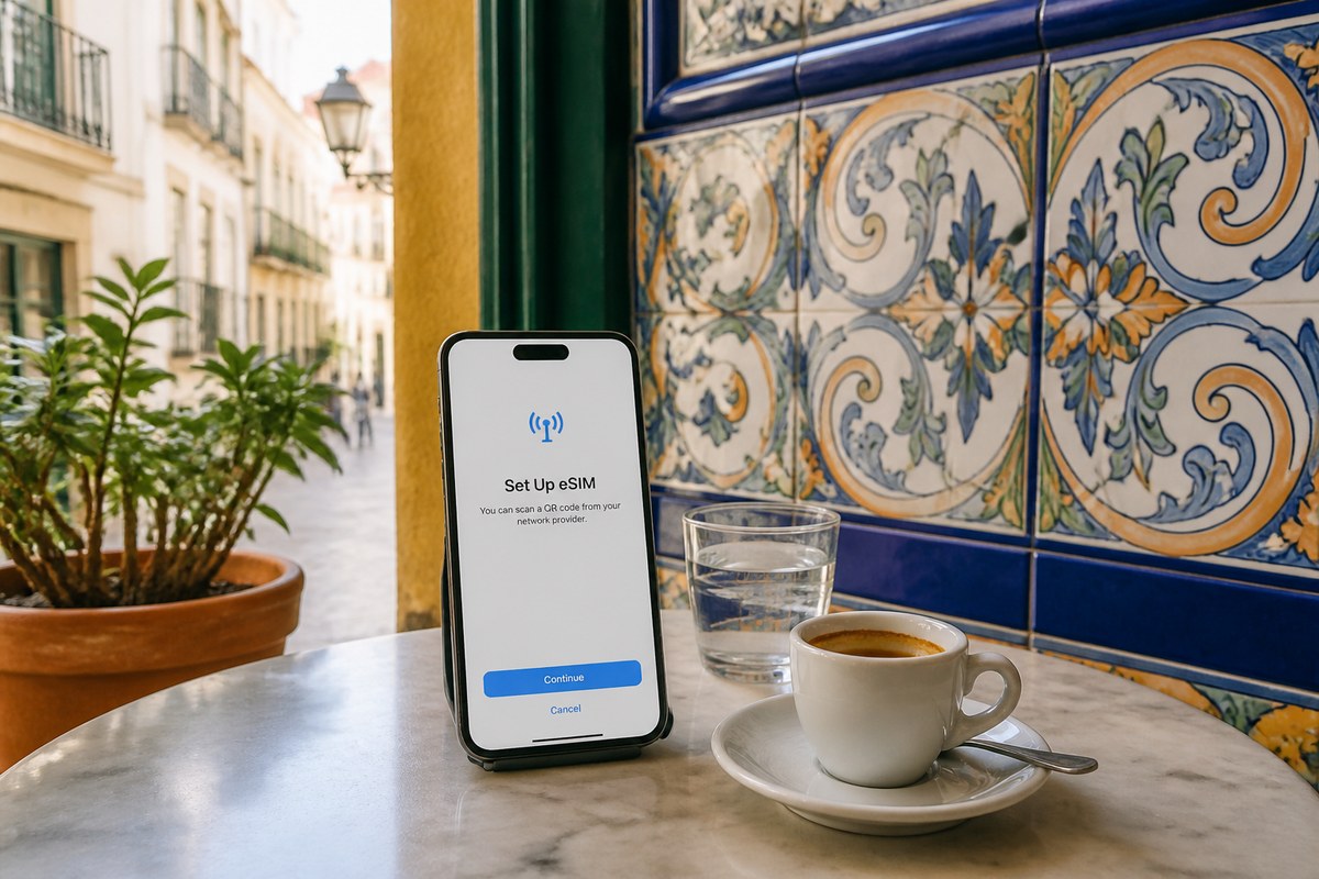 Phone showing an eSIM install screen beside tapas and a Spain travel map