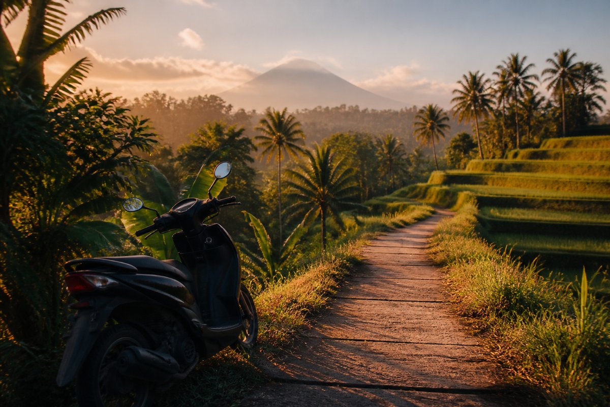 Bali transport scene — transit and streets at golden hour