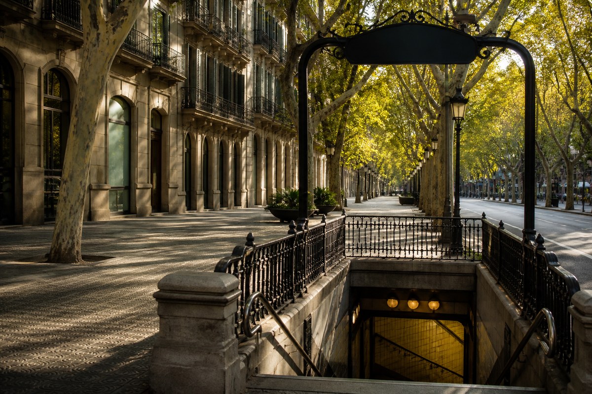 Barcelona metro entrance and tree-lined Eixample grid, suggesting T-casual tickets and walking routes