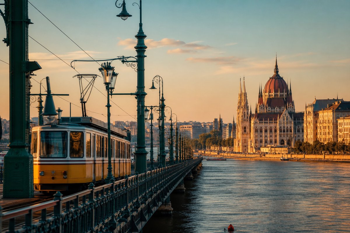 Budapest transport scene — transit and streets at golden hour
