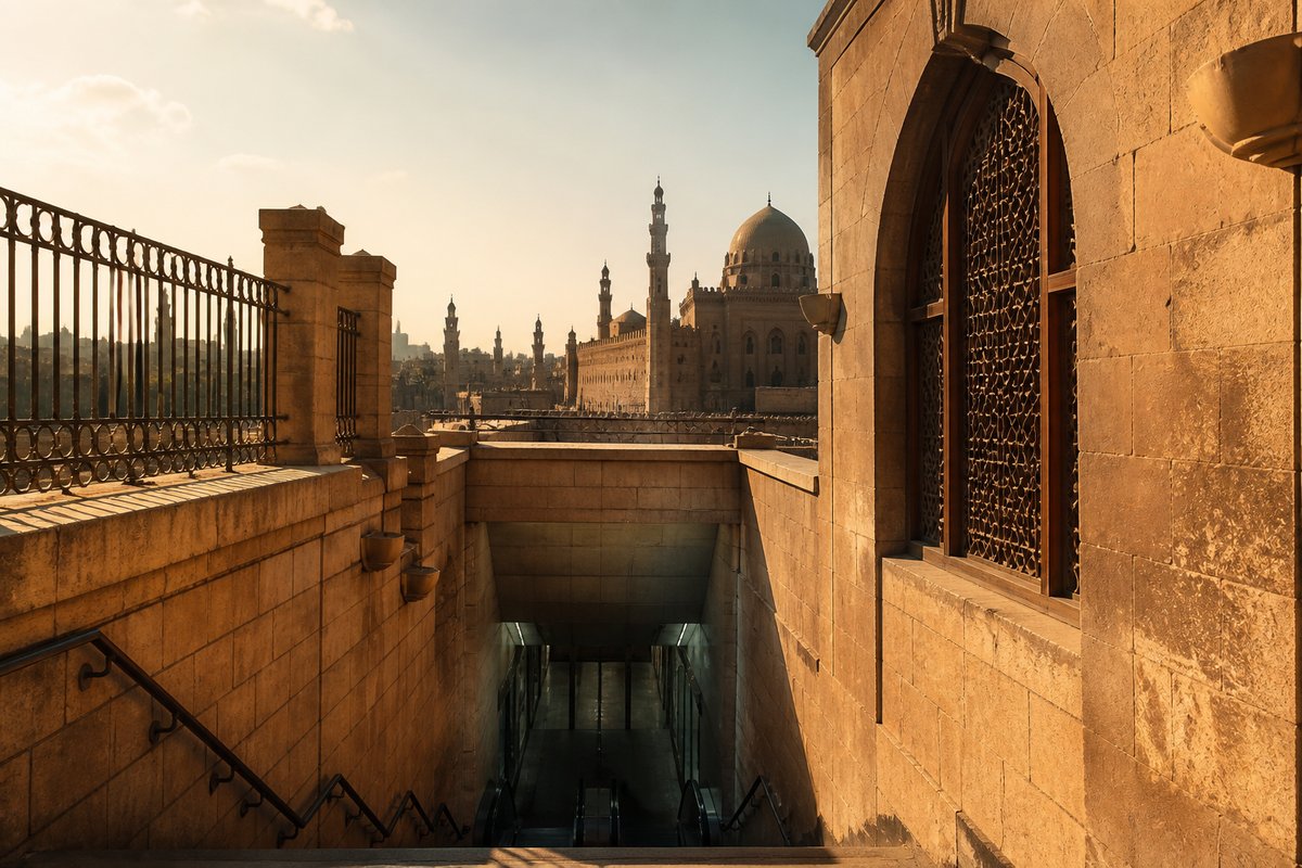Cairo transport scene — transit and streets at golden hour