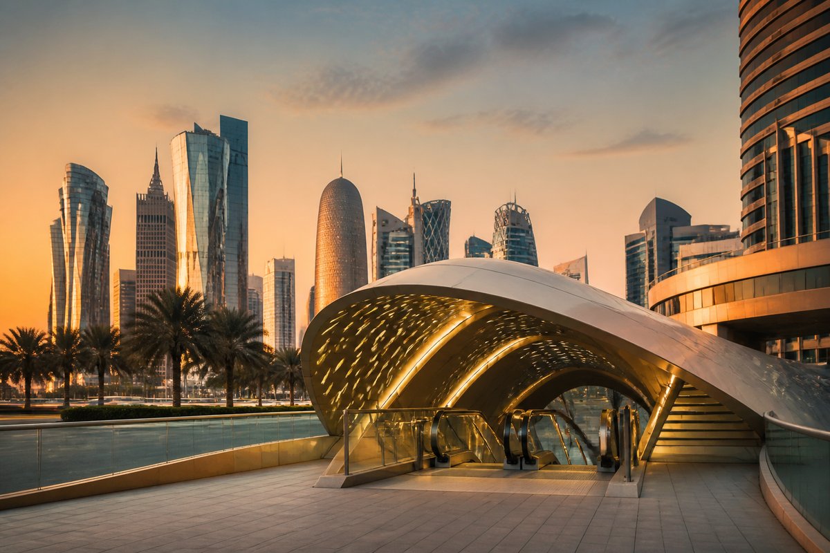 Doha transport scene — transit and streets at golden hour