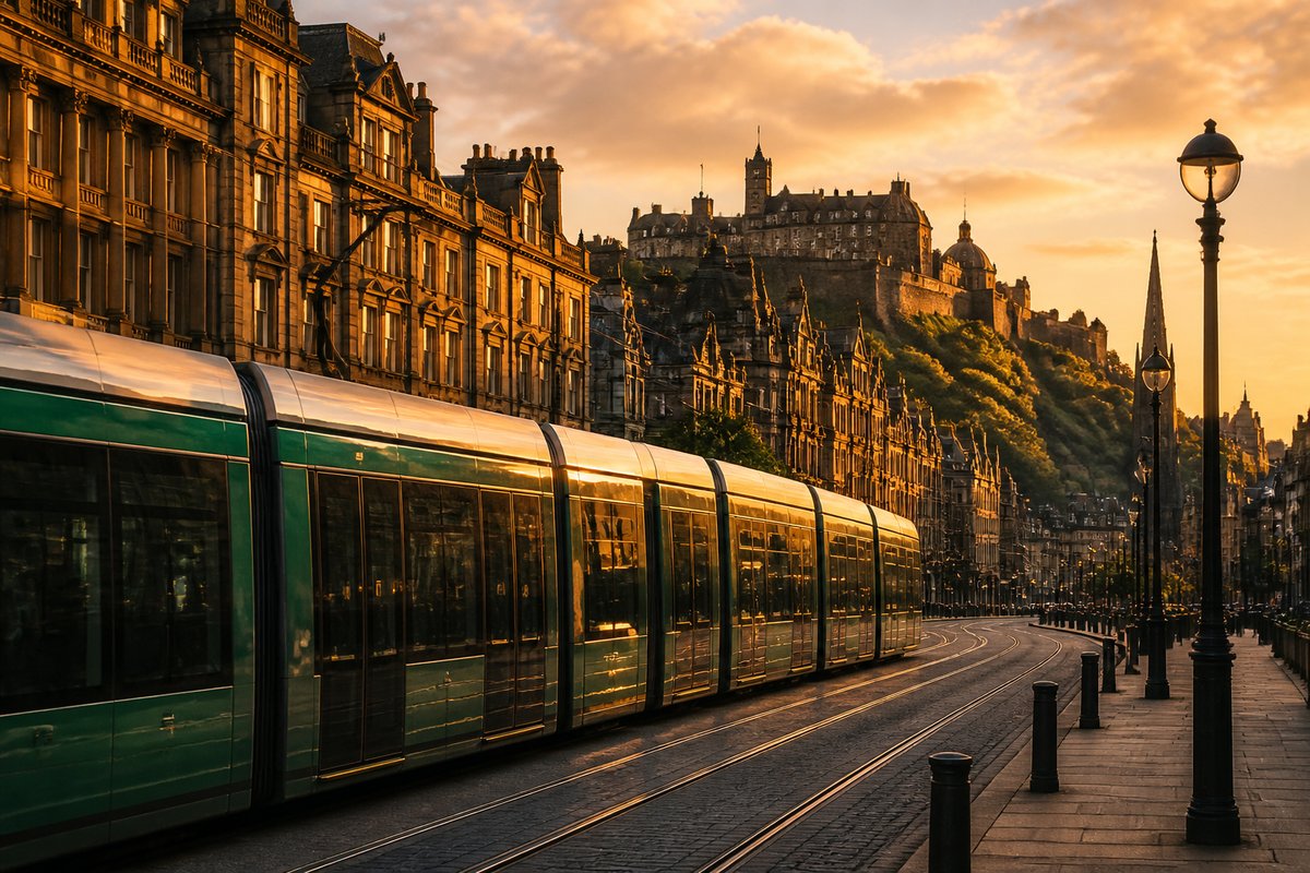 Edinburgh transport scene — transit and streets at golden hour