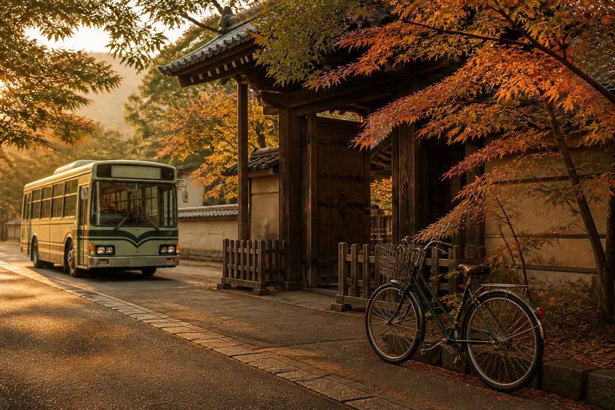 Kyoto transport scene — transit and streets at golden hour