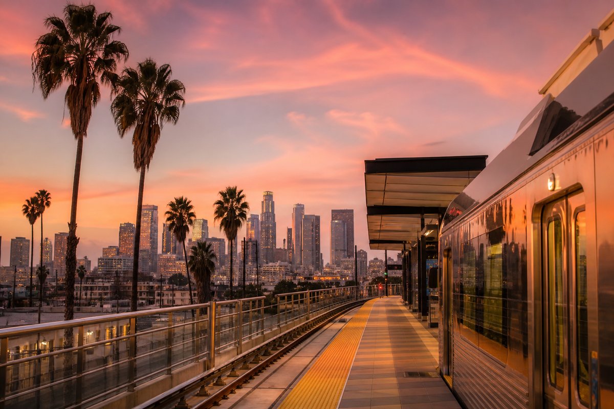 Los Angeles transport scene — transit and streets at golden hour