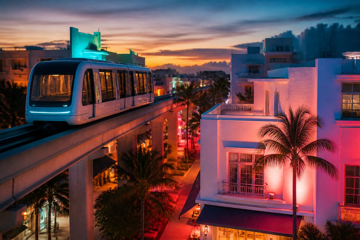 Miami transport scene — transit and streets at golden hour