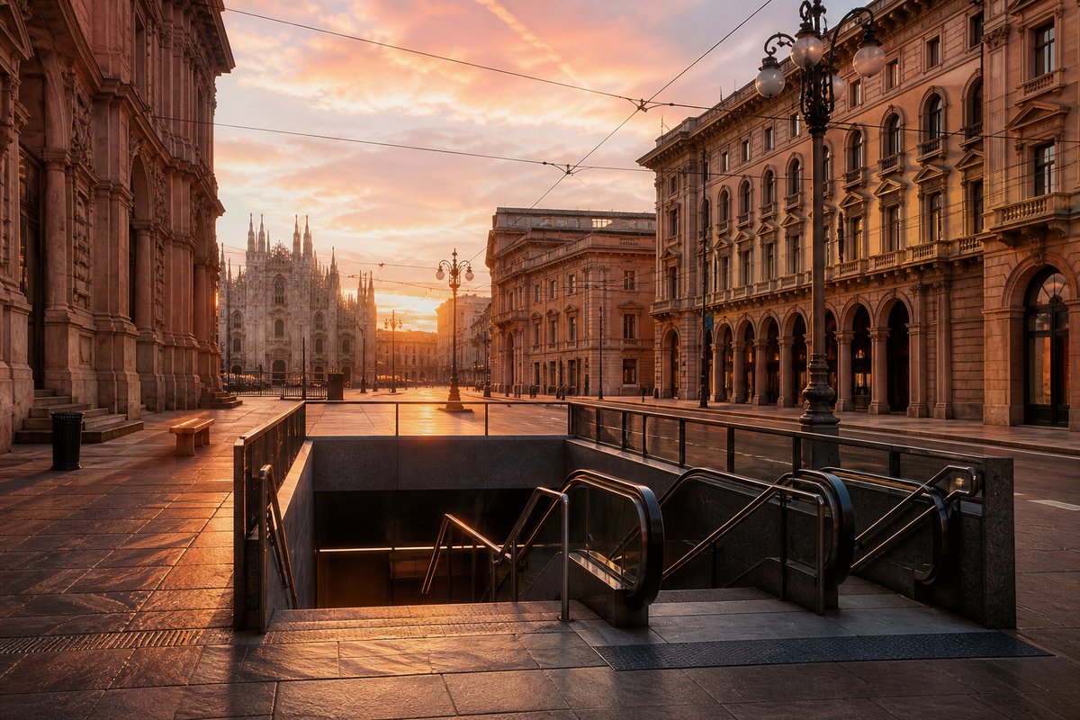 Milan transport scene — transit and streets at golden hour