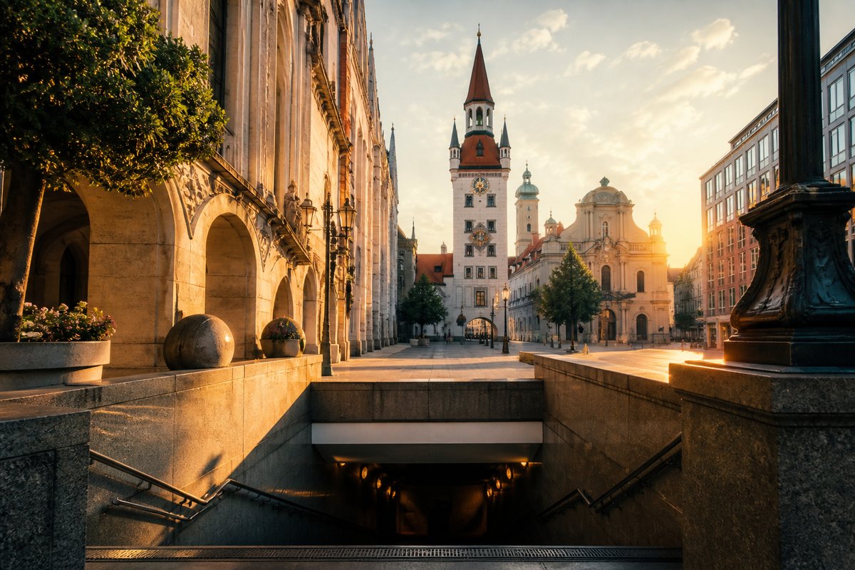 Munich transport scene — transit and streets at golden hour
