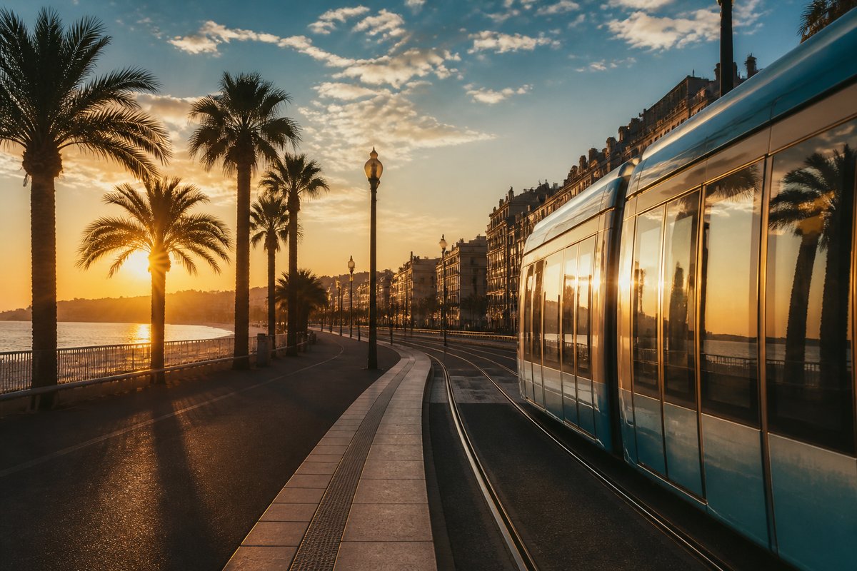Nice transport scene — transit and streets at golden hour