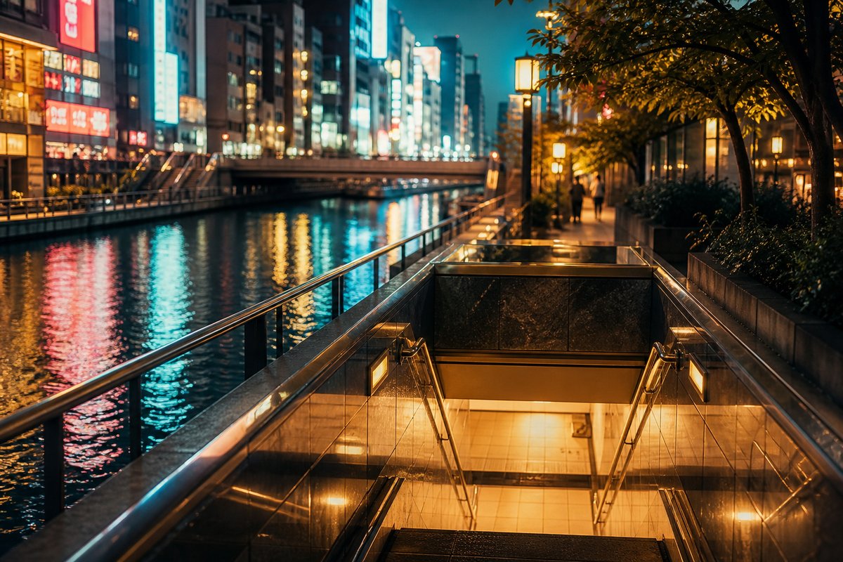 Osaka transport scene — transit and streets at golden hour