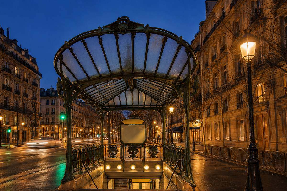Paris metro entrance and street at blue hour, suggesting Navigo tickets and central walking connections