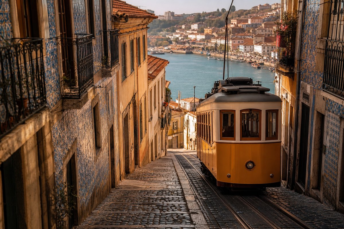 Porto transport scene — transit and streets at golden hour