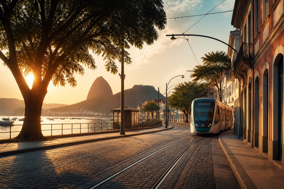 Rio de Janeiro transport scene — transit and streets at golden hour