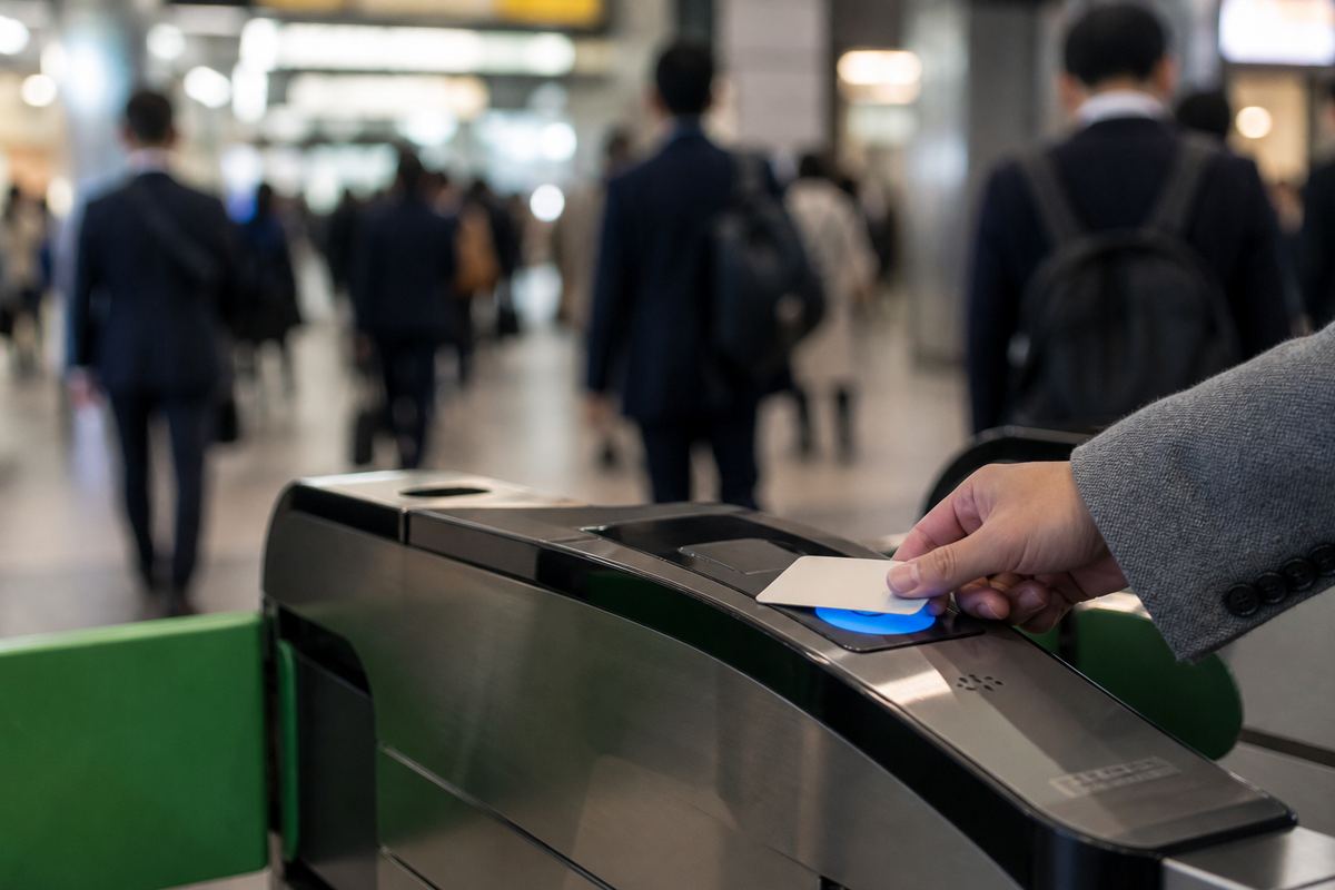 Tokyo station concourse with IC card gates and departure boards, suggesting metro and rail navigation