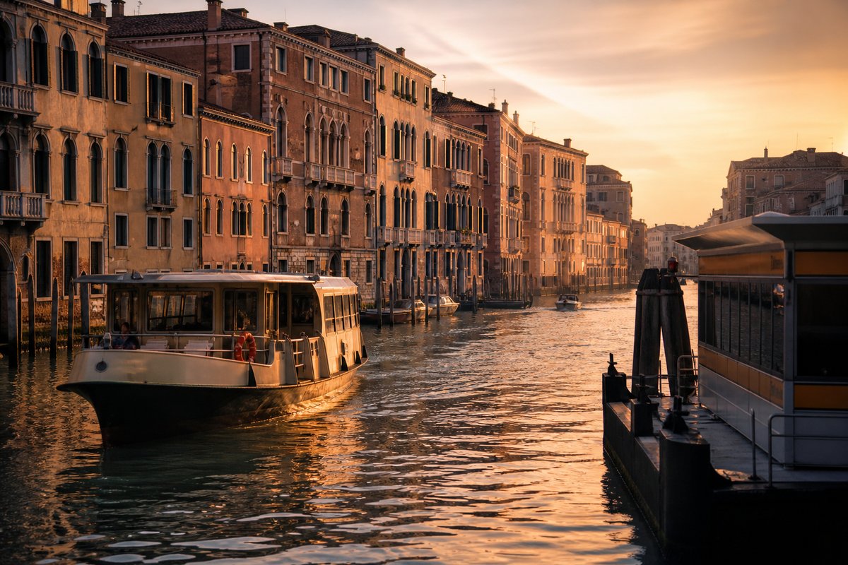Venice transport scene — transit and streets at golden hour