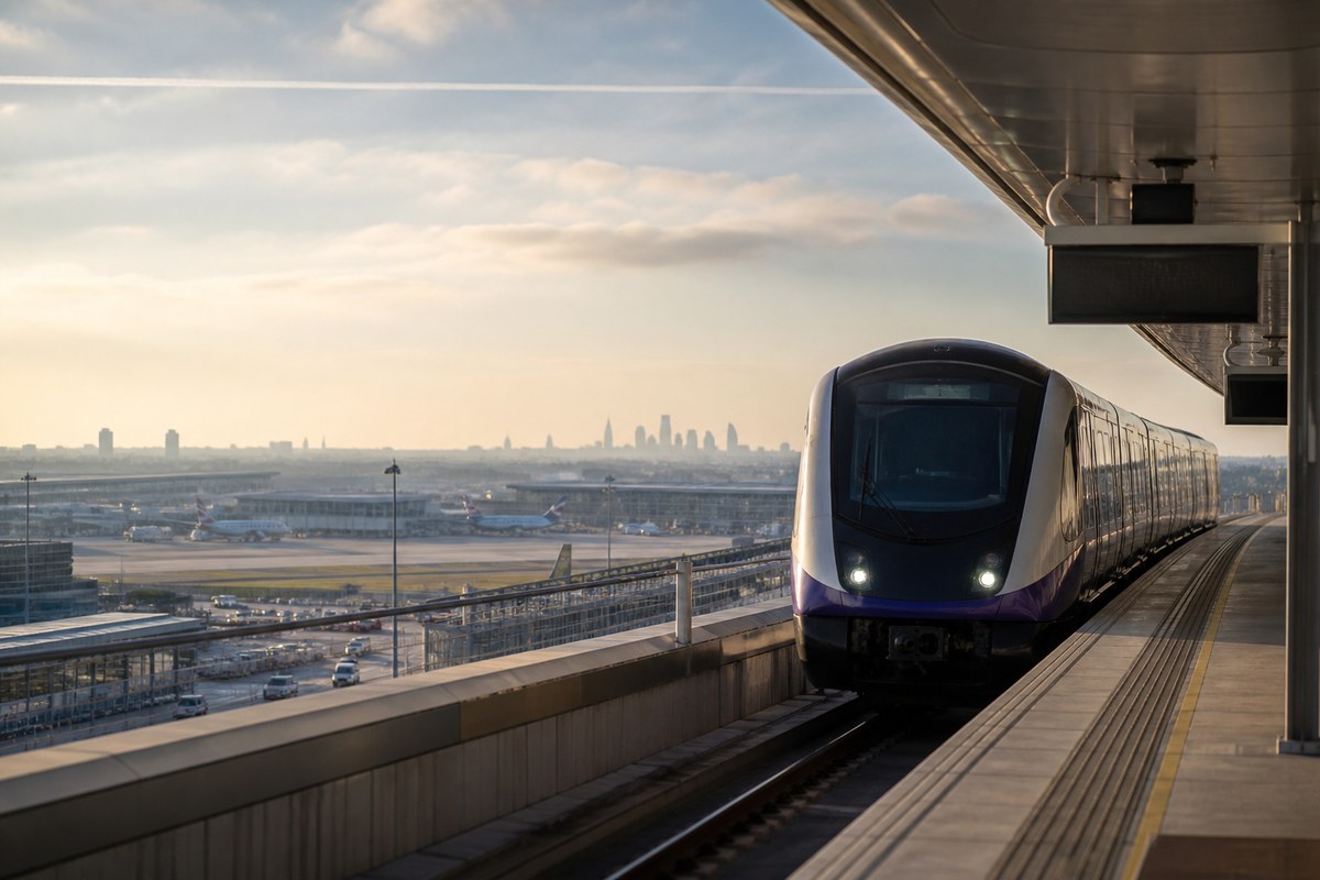 Heathrow rail signage beside an Elizabeth line platform and a waiting private transfer car
